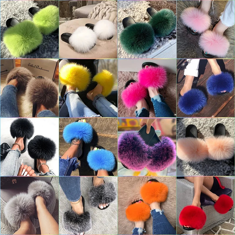 Natural fox fur slippers, fashionable outdoor multi-color animal hair slippers, women's gifts, soft EVA sole slippers,on trend