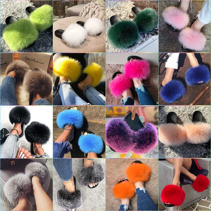 Natural fox fur slippers, fashionable outdoor multi-color animal hair slippers, women's gifts, soft EVA sole slippers,on trend