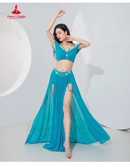 Belly Dance Professional Suit for Women Mesh Short Sleeves Top+sexy Split Long Skirt 2pcs Girl's Oriental Belly Dancing Suit