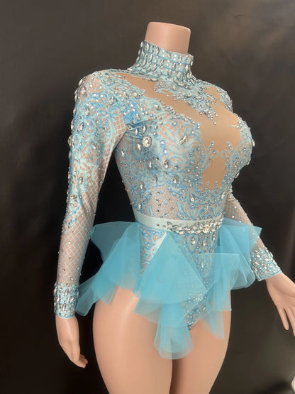Sparkly Rhinestones Bodysuit Women ElasticPink Mesh Ruffles Crystal Leotard NightclubDancer Costume Stage Wear Party Outfit 7G