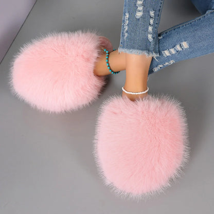 New Winter Women Fashion Fur Slippers Fluffy Cute Plush Women Luxury Outdoor Anti Slip Durable Flat Bottom Slippers Slides Women