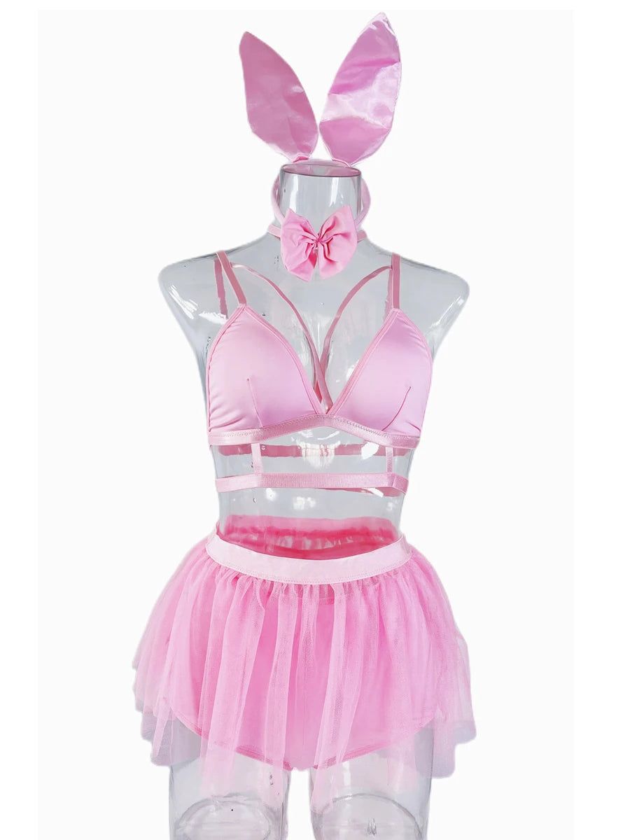 5 Piece Lingerie Set Bunny Pink Sexy Tutu Skirt Bright Exotic Sets Lace Nightclub Underwear Pole Dancing Ruffle Outfit