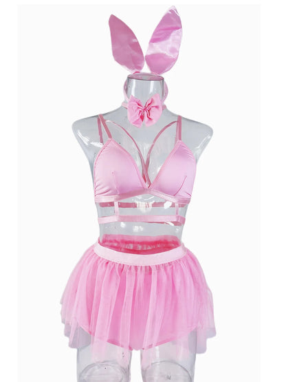 5 Piece Lingerie Set Bunny Pink Sexy Tutu Skirt Bright Exotic Sets Lace Nightclub Underwear Pole Dancing Ruffle Outfit