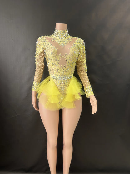 Sparkly Rhinestones Bodysuit Women ElasticPink Mesh Ruffles Crystal Leotard NightclubDancer Costume Stage Wear Party Outfit 7G