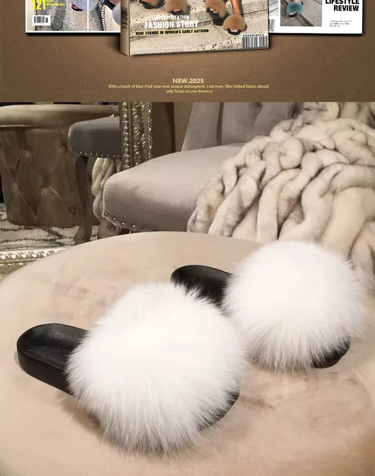 Natural fox fur slippers, fashionable outdoor multi-color animal hair slippers, women's gifts, soft EVA sole slippers,on trend