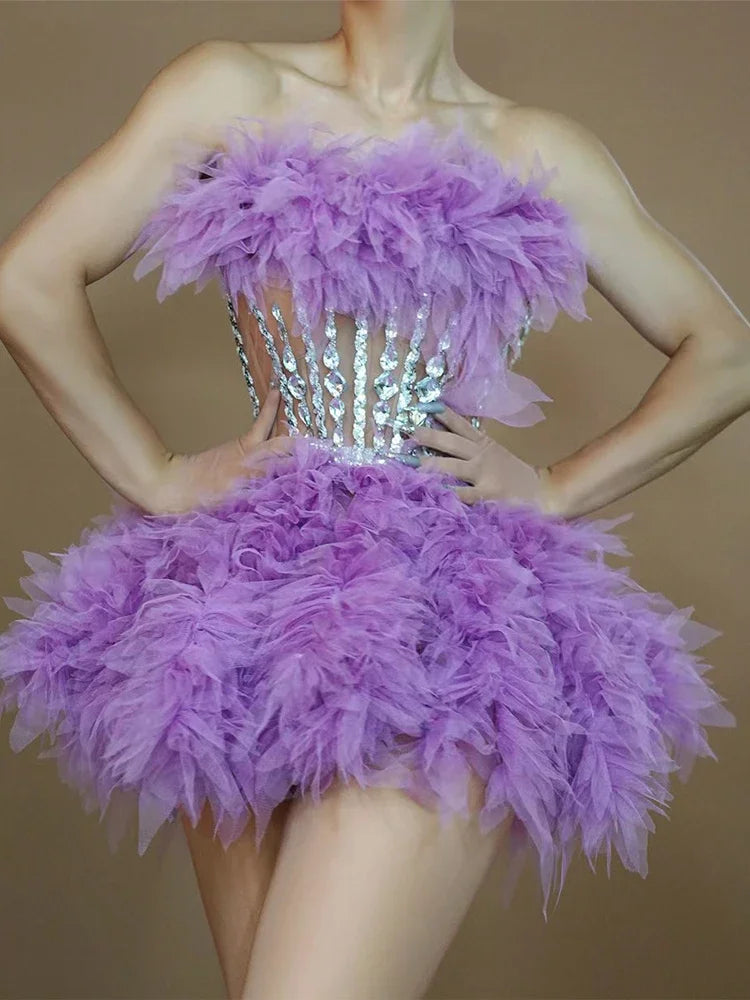 Sparkly Rhinestones Sequins Tube Tutu Mesh Dresses for Women Sexy Birthday Party Prom Evening Dress Photo Shoot Wear