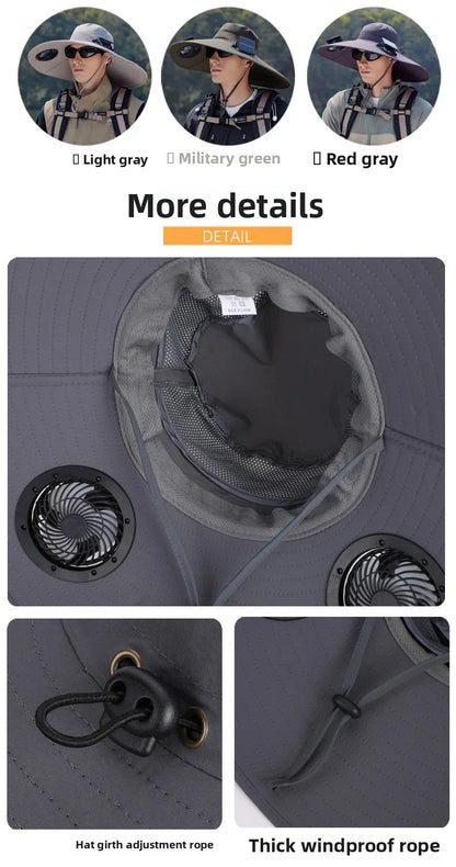 Summer New Dual Solar Fan Hat For Men Outdoor Fishing Sun Protection Visor Hat Large Brim Quick Drying Waterproof Bucket Hat