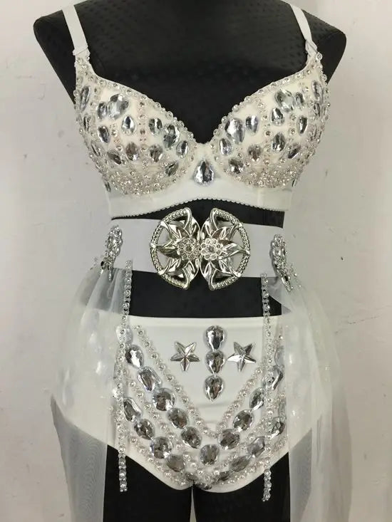 New Sexy Handmade DIY Sewing Top + Shorts + Gauze Skirt 3piece Set Nightclub DJ Singer Stage Costumes Women Summer Clothing