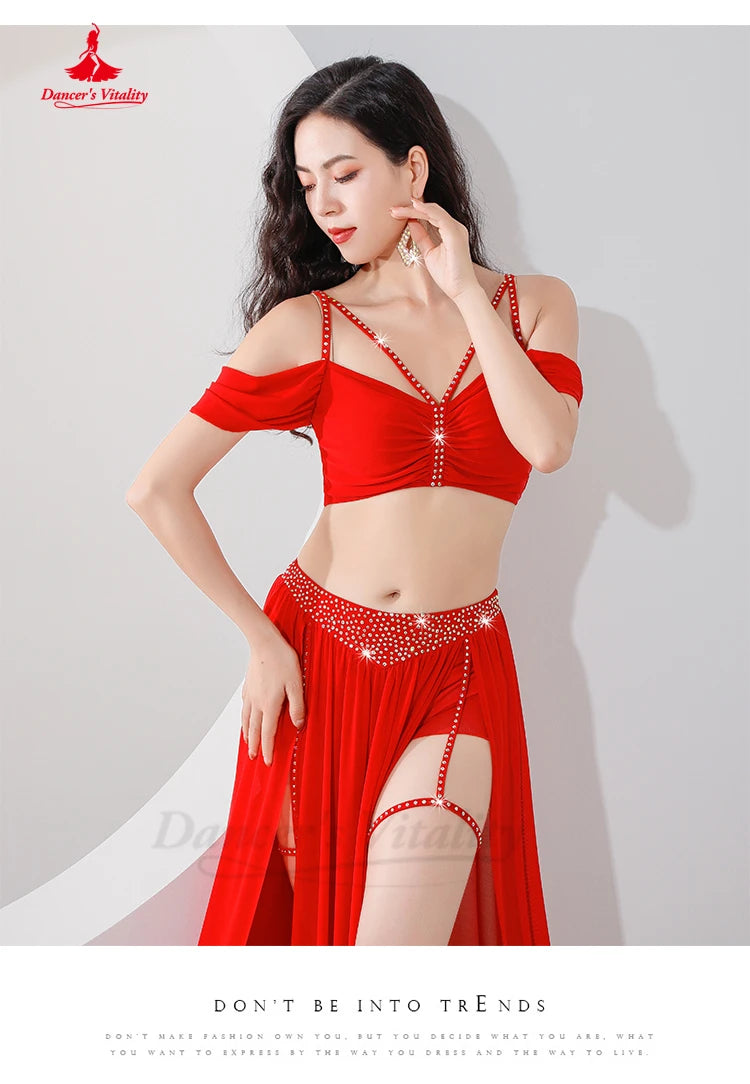 Belly Dance Professional Suit for Women Mesh Short Sleeves Top+sexy Split Long Skirt 2pcs Girl's Oriental Belly Dancing Suit