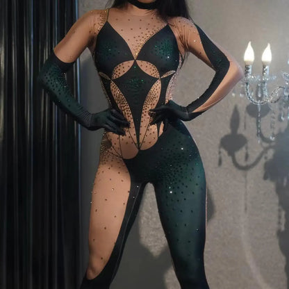 Blue Rhinestones Gloves Jumpsuit Women Print Birthday Party Pole Dance Clothes Nightclub Drag 1ueen Stage Show Wear Qingshuichi