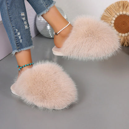 New Winter Women Fashion Fur Slippers Fluffy Cute Plush Women Luxury Outdoor Anti Slip Durable Flat Bottom Slippers Slides Women