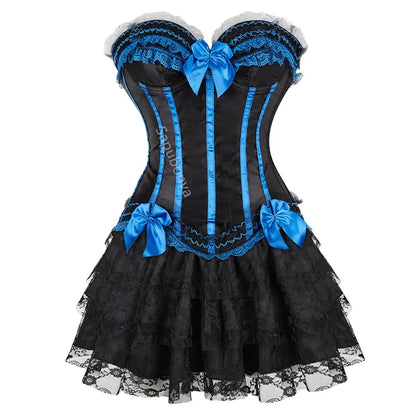 Corset Dress Bustier Skirt Tutu Set Stripe Lace Up Gothic Victorian Lolita Vintage Sexy Exotic Burlesque Korsett Plus Size