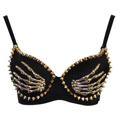 Black/Gold Rivets & Skeleton Hands Fashion Push Up Bras For Women Sexy Bralette Top y2k Goth Punk Bra Club Party Pole Dance Wear