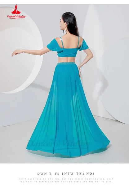 Belly Dance Professional Suit for Women Mesh Short Sleeves Top+sexy Split Long Skirt 2pcs Girl's Oriental Belly Dancing Suit