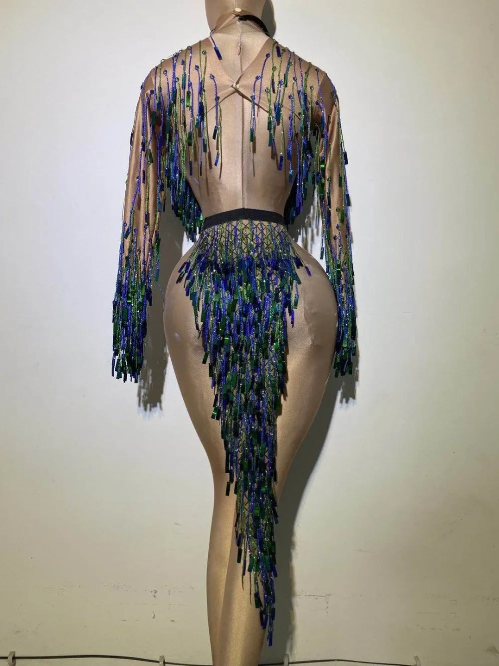 Showgirl Performance Costumes Sexy Sequins Bare leg Dancer with Tassel Stage Dress Party Women Backless Nightclub Dress