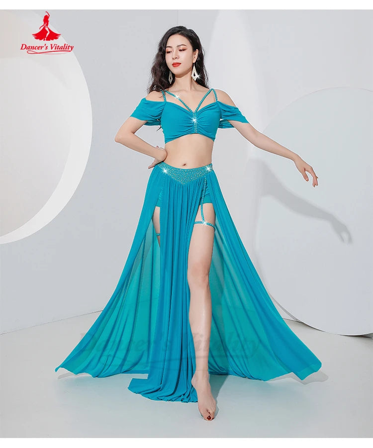 Belly Dance Professional Suit for Women Mesh Short Sleeves Top+sexy Split Long Skirt 2pcs Girl's Oriental Belly Dancing Suit