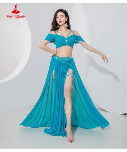 Belly Dance Professional Suit for Women Mesh Short Sleeves Top+sexy Split Long Skirt 2pcs Girl's Oriental Belly Dancing Suit