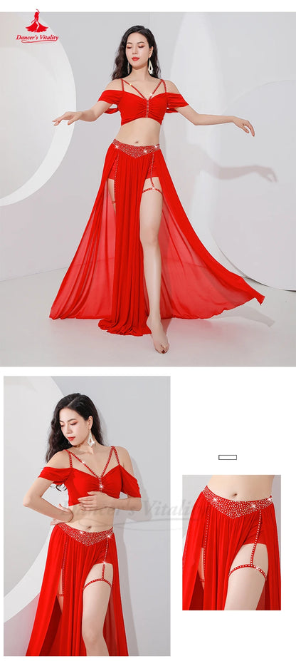 Belly Dance Professional Suit for Women Mesh Short Sleeves Top+sexy Split Long Skirt 2pcs Girl's Oriental Belly Dancing Suit