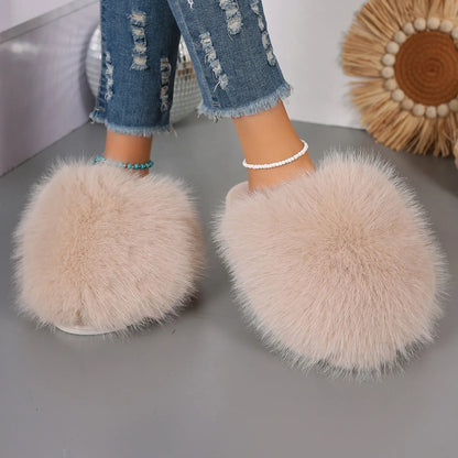New Winter Women Fashion Fur Slippers Fluffy Cute Plush Women Luxury Outdoor Anti Slip Durable Flat Bottom Slippers Slides Women