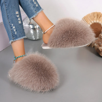 New Winter Women Fashion Fur Slippers Fluffy Cute Plush Women Luxury Outdoor Anti Slip Durable Flat Bottom Slippers Slides Women