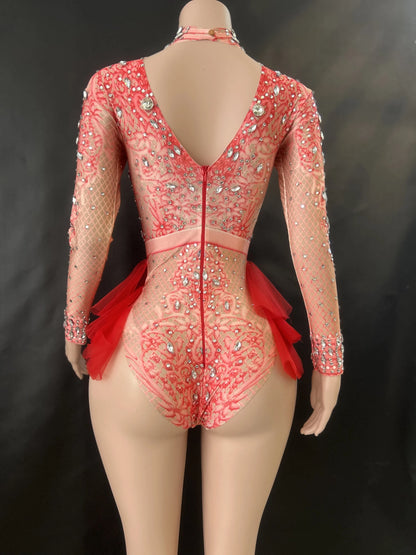 Sparkly Rhinestones Bodysuit Women ElasticPink Mesh Ruffles Crystal Leotard NightclubDancer Costume Stage Wear Party Outfit 7G