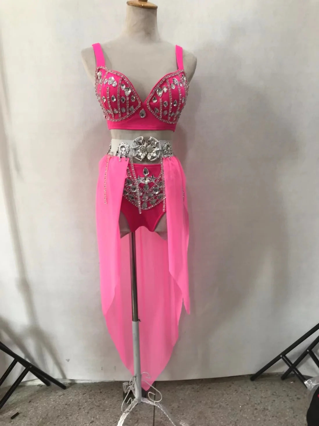 New Sexy Handmade DIY Sewing Top + Shorts + Gauze Skirt 3piece Set Nightclub DJ Singer Stage Costumes Women Summer Clothing