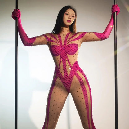 Blue Rhinestones Gloves Jumpsuit Women Print Birthday Party Pole Dance Clothes Nightclub Drag 1ueen Stage Show Wear Qingshuichi