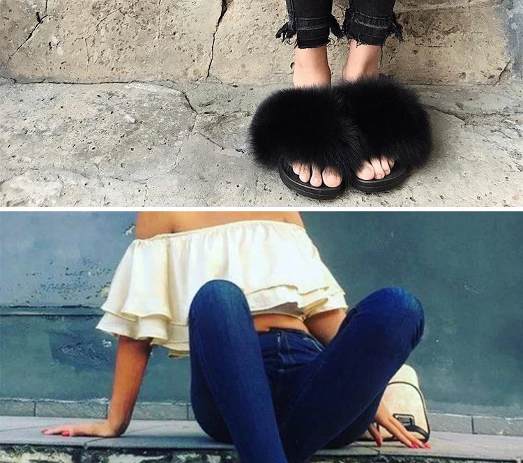 Natural fox fur slippers, fashionable outdoor multi-color animal hair slippers, women's gifts, soft EVA sole slippers,on trend