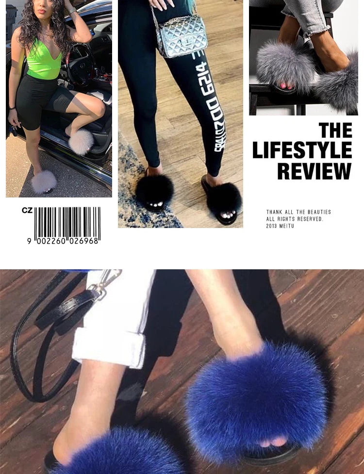 Natural fox fur slippers, fashionable outdoor multi-color animal hair slippers, women's gifts, soft EVA sole slippers,on trend