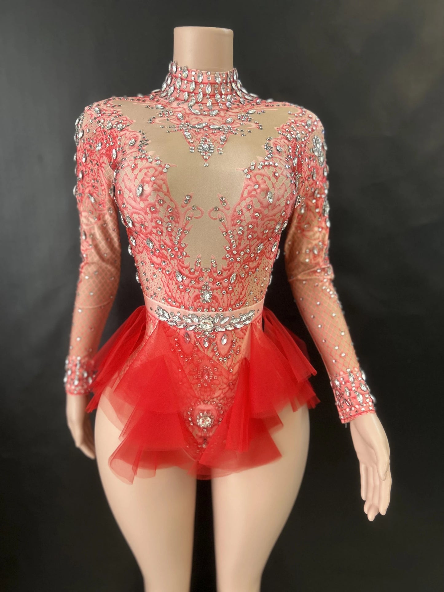 Sparkly Rhinestones Bodysuit Women ElasticPink Mesh Ruffles Crystal Leotard NightclubDancer Costume Stage Wear Party Outfit 7G