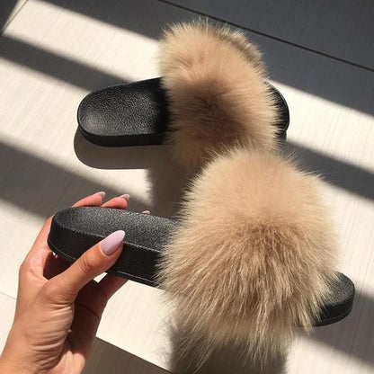 Natural fox fur slippers, fashionable outdoor multi-color animal hair slippers, women's gifts, soft EVA sole slippers,on trend