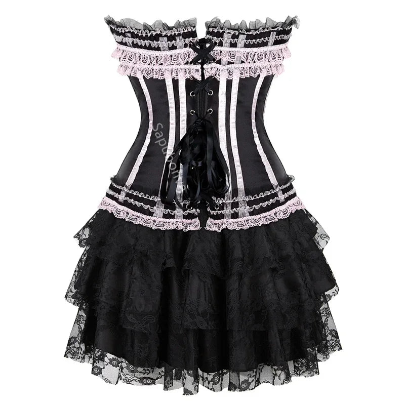 Corset Dress Bustier Skirt Tutu Set Stripe Lace Up Gothic Victorian Lolita Vintage Sexy Exotic Burlesque Korsett Plus Size