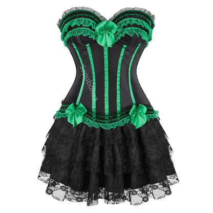 Corset Dress Bustier Skirt Tutu Set Stripe Lace Up Gothic Victorian Lolita Vintage Sexy Exotic Burlesque Korsett Plus Size