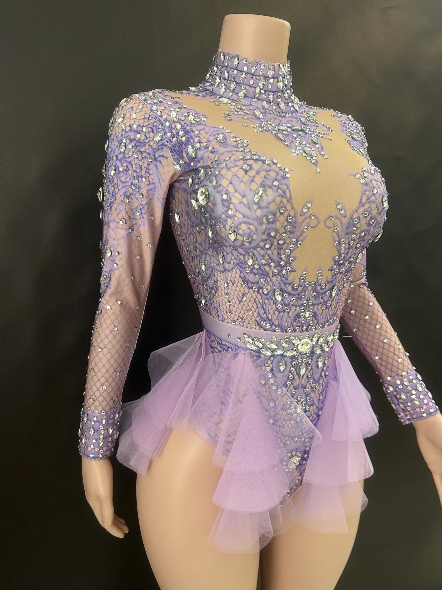 Sparkly Rhinestones Bodysuit Women ElasticPink Mesh Ruffles Crystal Leotard NightclubDancer Costume Stage Wear Party Outfit 7G
