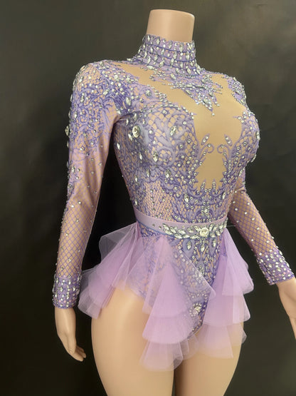 Sparkly Rhinestones Bodysuit Women ElasticPink Mesh Ruffles Crystal Leotard NightclubDancer Costume Stage Wear Party Outfit 7G