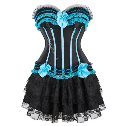 Corset Dress Bustier Skirt Tutu Set Stripe Lace Up Gothic Victorian Lolita Vintage Sexy Exotic Burlesque Korsett Plus Size