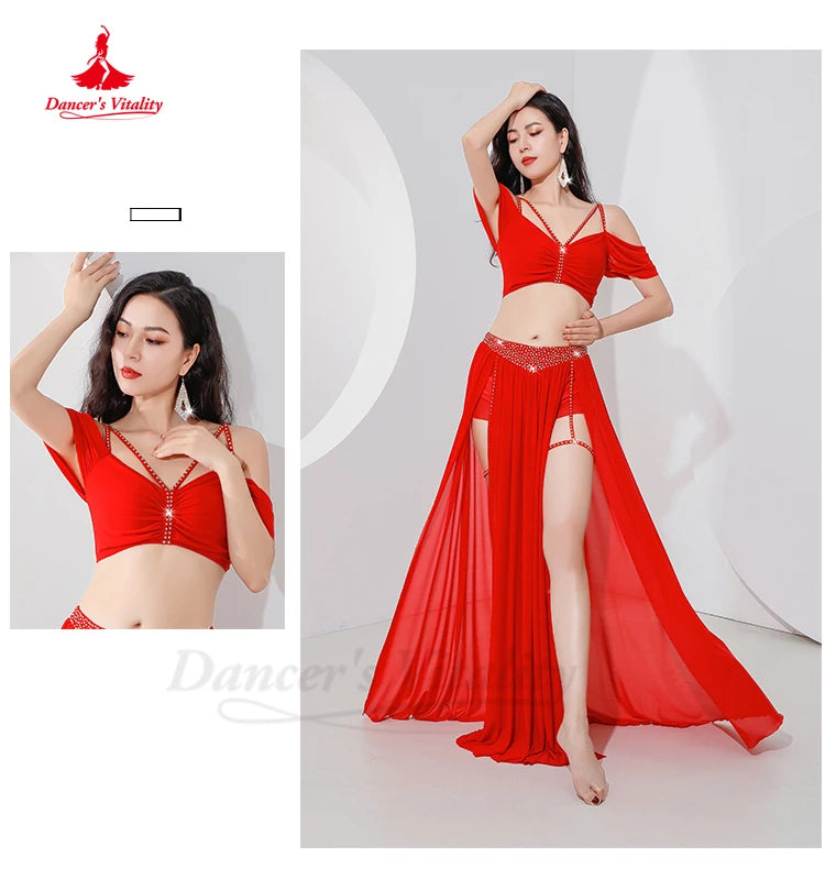 Belly Dance Professional Suit for Women Mesh Short Sleeves Top+sexy Split Long Skirt 2pcs Girl's Oriental Belly Dancing Suit