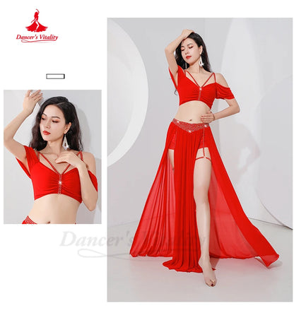 Belly Dance Professional Suit for Women Mesh Short Sleeves Top+sexy Split Long Skirt 2pcs Girl's Oriental Belly Dancing Suit