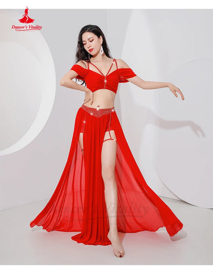Belly Dance Professional Suit for Women Mesh Short Sleeves Top+sexy Split Long Skirt 2pcs Girl's Oriental Belly Dancing Suit