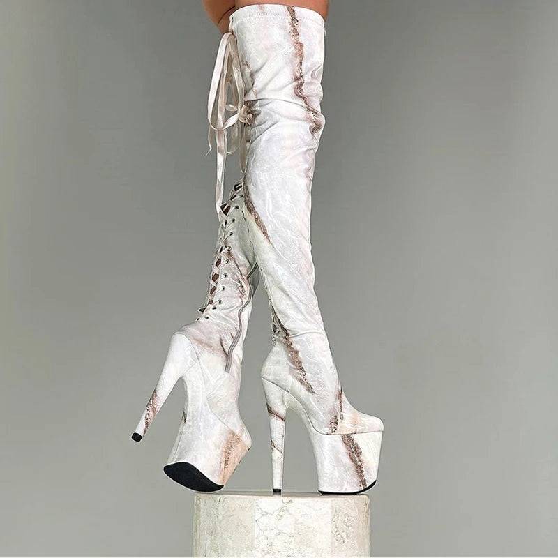 Sexy Over The Knee Boots Fetish Shoes 20cm Lace Up Platfor Patent Leather Stripper Heels Pole Dance 8inch Exotic Dancer New