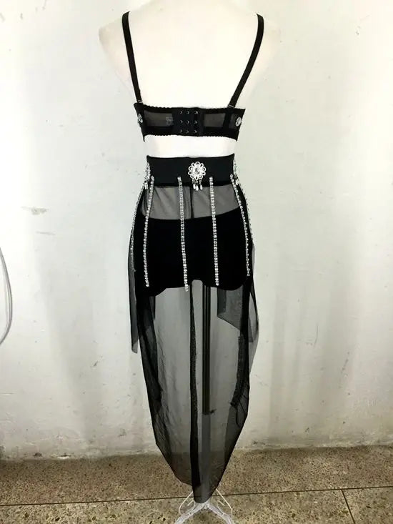 New Sexy Handmade DIY Sewing Top + Shorts + Gauze Skirt 3piece Set Nightclub DJ Singer Stage Costumes Women Summer Clothing