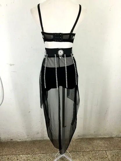 New Sexy Handmade DIY Sewing Top + Shorts + Gauze Skirt 3piece Set Nightclub DJ Singer Stage Costumes Women Summer Clothing