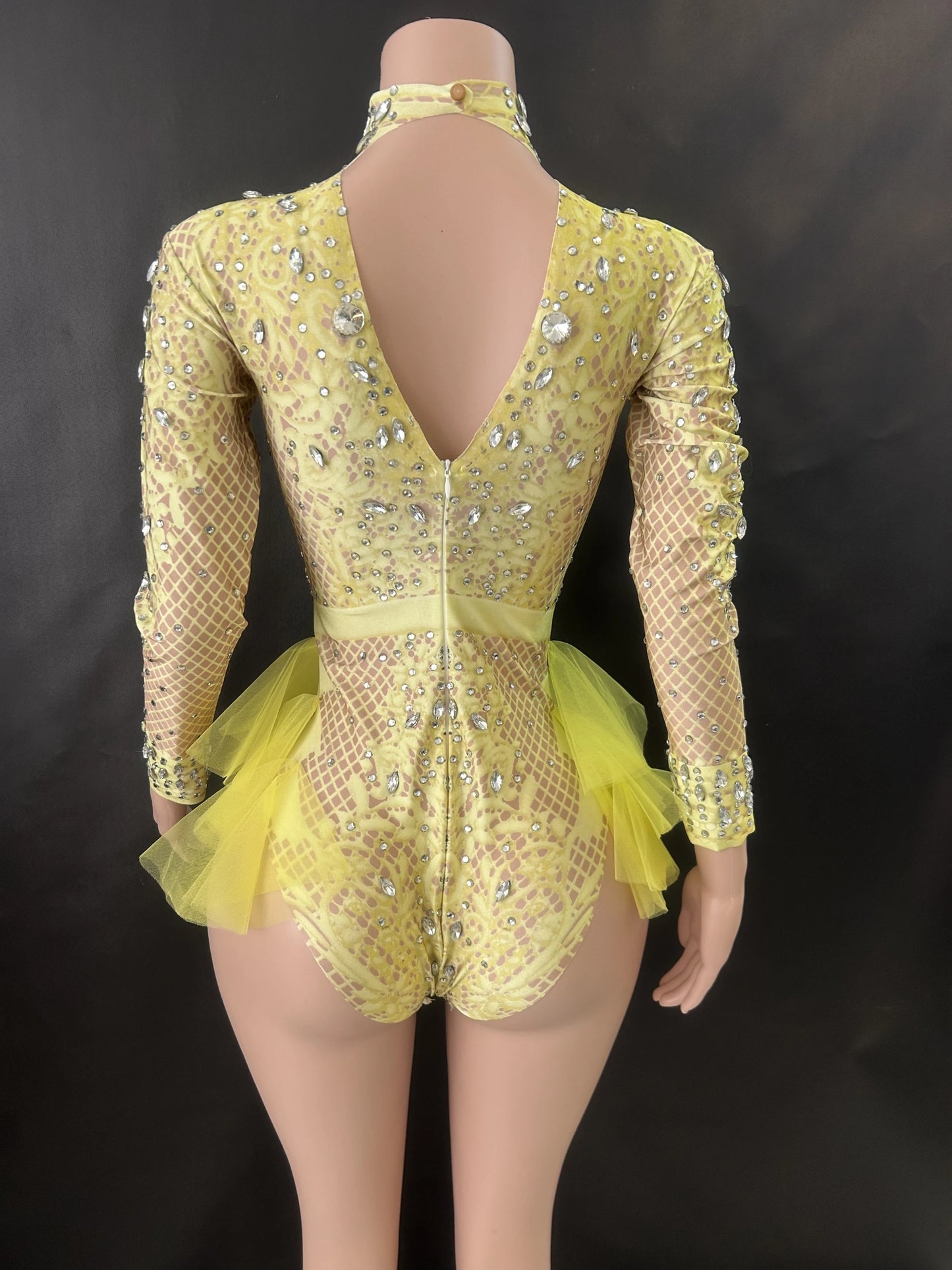 Sparkly Rhinestones Bodysuit Women ElasticPink Mesh Ruffles Crystal Leotard NightclubDancer Costume Stage Wear Party Outfit 7G