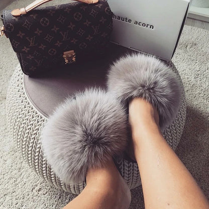 Natural fox fur slippers, fashionable outdoor multi-color animal hair slippers, women's gifts, soft EVA sole slippers,on trend