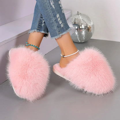 New Winter Women Fashion Fur Slippers Fluffy Cute Plush Women Luxury Outdoor Anti Slip Durable Flat Bottom Slippers Slides Women