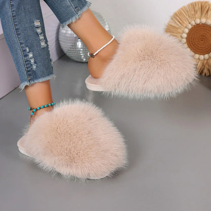 New Winter Women Fashion Fur Slippers Fluffy Cute Plush Women Luxury Outdoor Anti Slip Durable Flat Bottom Slippers Slides Women