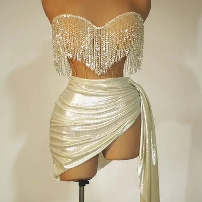 Women Crystals Stunning Stage Wear Dancer Singer Las Vegas Showgirl Drag Queen Outfit Night Clubbing Mesh Short Dress