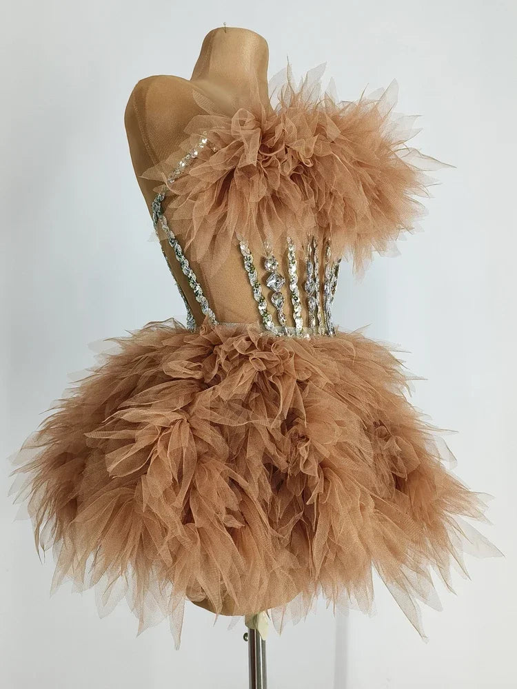 Sparkly Rhinestones Sequins Tube Tutu Mesh Dresses for Women Sexy Birthday Party Prom Evening Dress Photo Shoot Wear