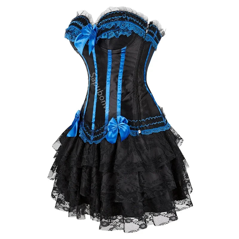 Corset Dress Bustier Skirt Tutu Set Stripe Lace Up Gothic Victorian Lolita Vintage Sexy Exotic Burlesque Korsett Plus Size