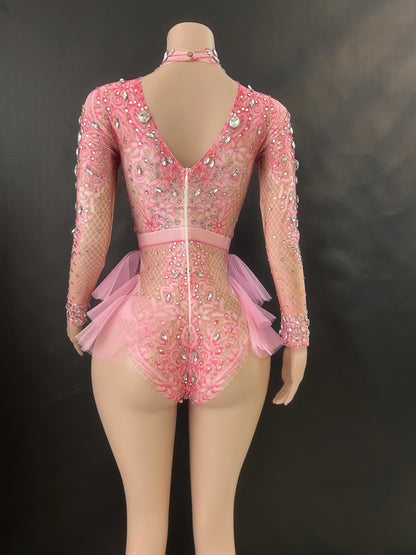 Sparkly Rhinestones Bodysuit Women ElasticPink Mesh Ruffles Crystal Leotard NightclubDancer Costume Stage Wear Party Outfit 7G